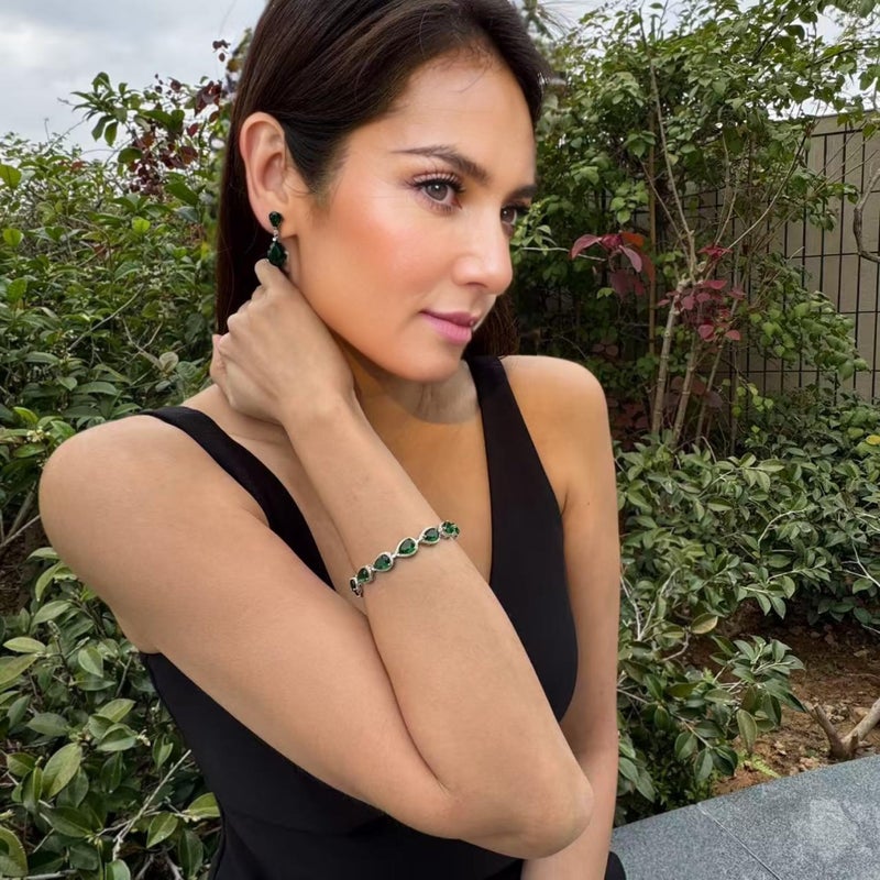 RIZILIA Tennis Bracelet & Pear Cut CZ [Simulated Green Emerald] in White Gold Plated, 7" - Image 4